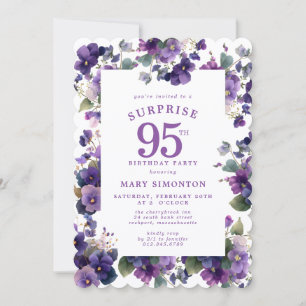 SURPRISE PARTY 95th Birthday Purple Violet Floral Invitation