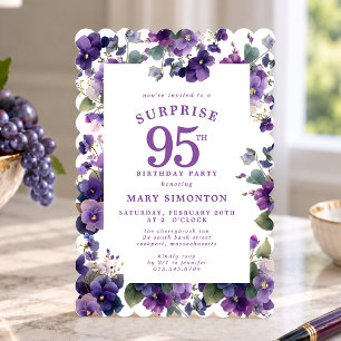 SURPRISE PARTY 95th Birthday Purple Violet Floral Invitation