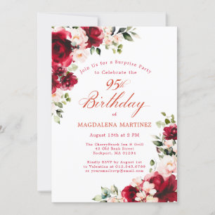 SURPRISE PARTY 95th Birthday Red Rose Pink Peony Invitation