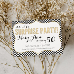 Surprise Party Black and Gold Chevron Invitation