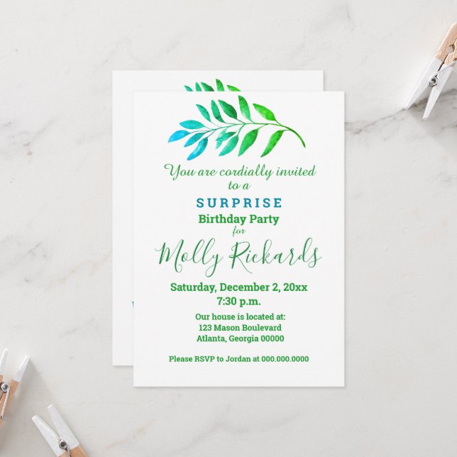 Surprise Party Blue Green Foliage Invitation (Front/Back In Situ)