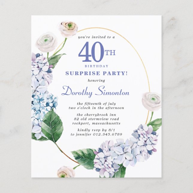Surprise Party Budget 40th Birthday Invitation (Front)