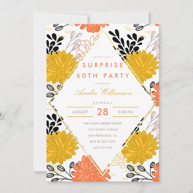 Surprise Party | Colourful Retro Chrysanthemums Invitation (Front)