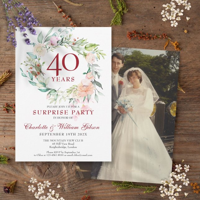 Surprise Party Floral 40th Anniversary Photo Invitation (Surprise Party Floral 40th Anniversary Photo Invitation)