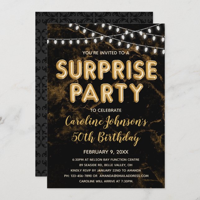 Surprise Party Gold Balloon Birthday Invitations (Front/Back)