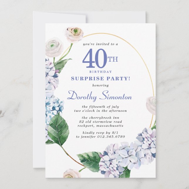 Surprise Party Hydrangea Rose 40th Birthday Invitation (Front)