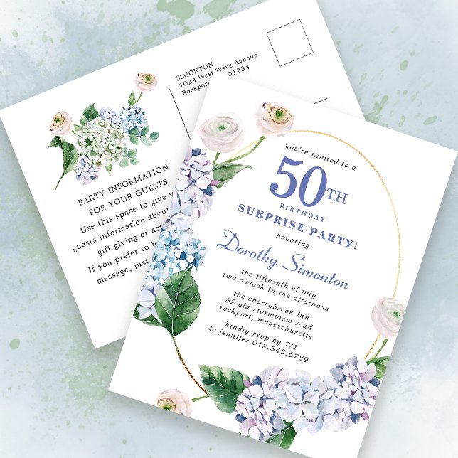 Surprise Party Hydrangea Rose 50th Birthday Postcard (Creator Uploaded)