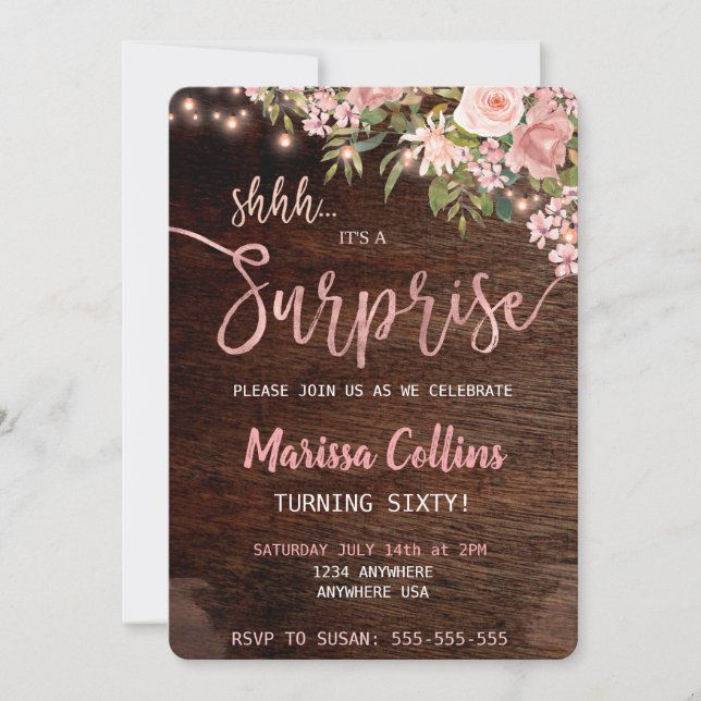 Surprise Party invitation, floral string lights Invitation (Front)