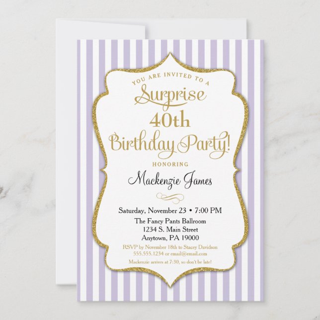 Surprise Party Invitation Lavender Lilac Gold (Front)