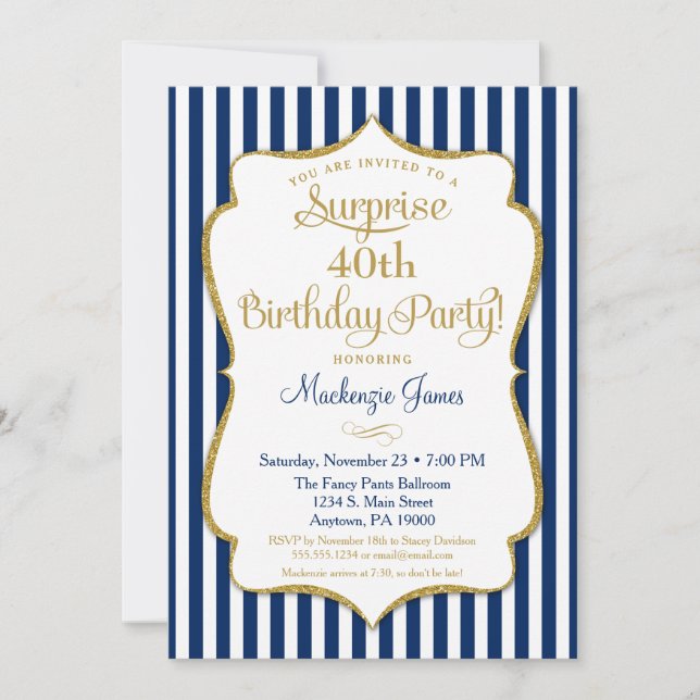 Surprise Party Invitation Navy Blue Gold Elegant (Front)