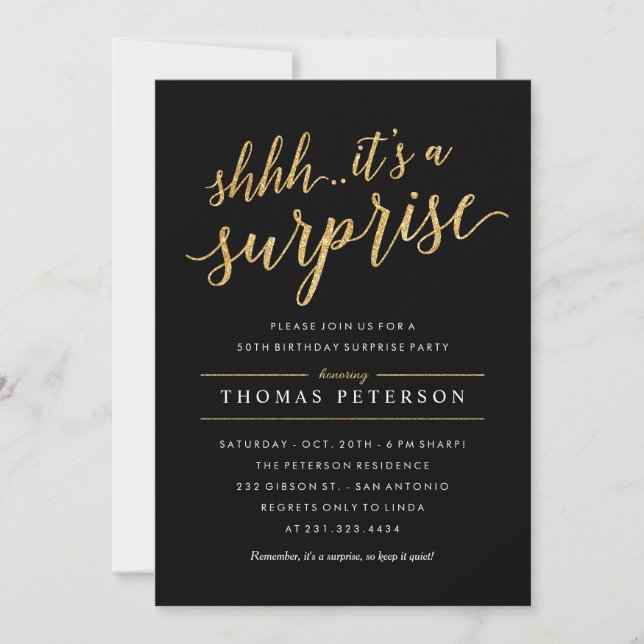 Surprise Party Invitations - Modern Gold Glitter (Front)