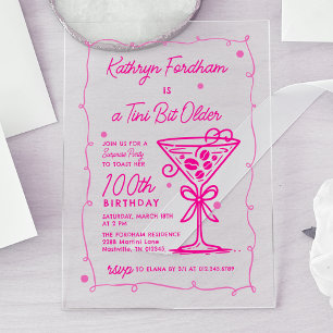 SURPRISE PARTY Pink Doodle Martini 100th Birthday Acrylic Invitations