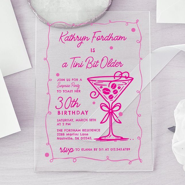 SURPRISE PARTY Pink Doodle Martini 30th Birthday Acrylic Invitations (Creator Uploaded)