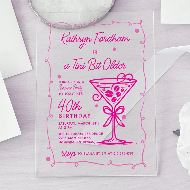 SURPRISE PARTY Pink Doodle Martini 40th Birthday Acrylic Invitations (Creator Uploaded)