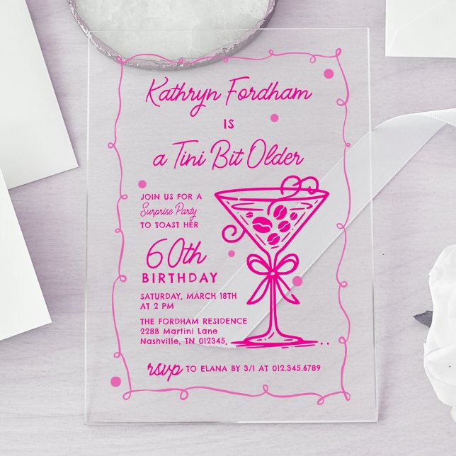 SURPRISE PARTY Pink Doodle Martini 60th Birthday Acrylic Invitations (Creator Uploaded)
