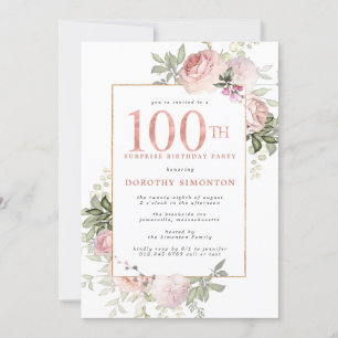 SURPRISE PARTY Pink Gold Floral 100th Birthday Invitation