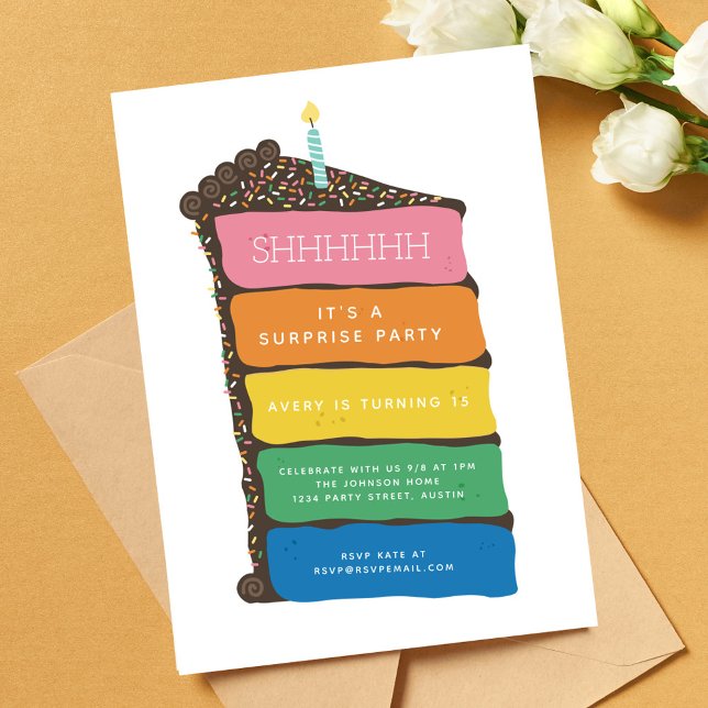 Surprise Party Rainbow Layer Cake Birthday Invitation (Creator Uploaded)