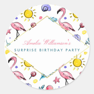 Surprise Party | Summer Flamingo, Lollipop and Sun Classic Round Sticker