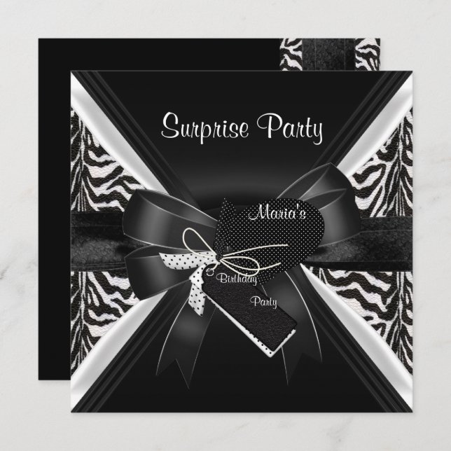 Surprise Party Zebra Black White Bow Image Invitation (Front/Back)