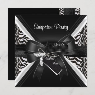 Surprise Party Zebra Black White Bow Image Invitation