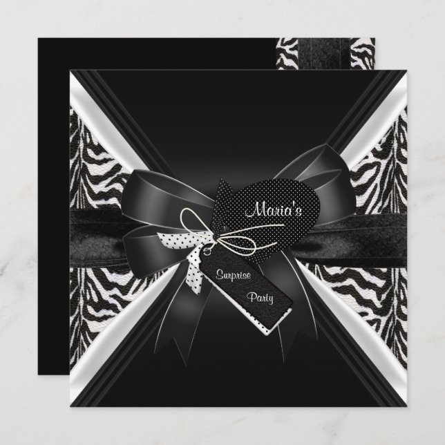 Surprise Party Zebra Black White Bow Invitation (Front/Back)
