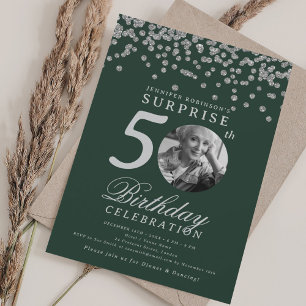 SURPRISE Photo 50 Birthday Silver Confetti Green Invitation
