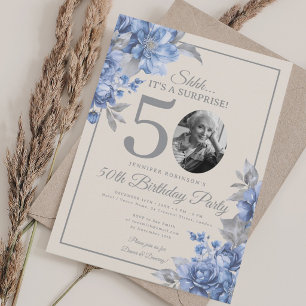SURPRISE Photo 50th Birthday Blue Floral Beige  Invitation