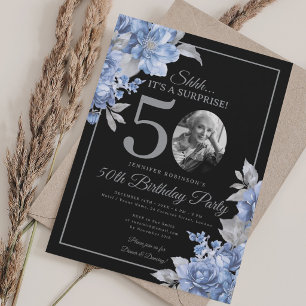 SURPRISE Photo 50th Birthday Blue Floral Black Invitation