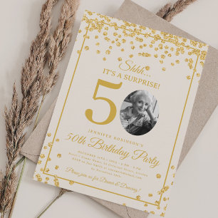 SURPRISE Photo 50th Birthday Gold Confetti Beige Invitation