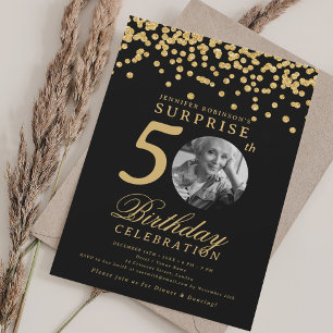 SURPRISE Photo 50th Birthday Gold Confetti Black Invitation