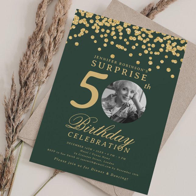 SURPRISE Photo 50th Birthday Gold Confetti Green  Invitation (SURPRISE Photo 50th Birthday Gold Confetti Green Invitation)