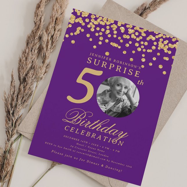 SURPRISE Photo 50th Birthday Gold Confetti Purple  Invitation (SURPRISE Photo 50th Birthday Gold Confetti Purple Invitation)