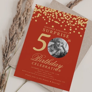 SURPRISE Photo 50th Birthday Gold Confetti Red Invitation