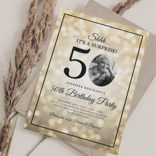 SURPRISE Photo 50th Birthday Gold Glam Lights Invitation