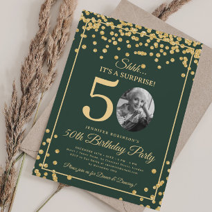 SURPRISE Photo 50th Birthday Gold Glitter Green Invitation