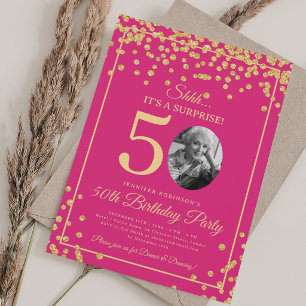 SURPRISE Photo 50th Birthday Gold Glitter Hot Pink Invitation