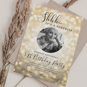 SURPRISE Photo 50th Birthday Gold Sparkle Bokeh Invitation