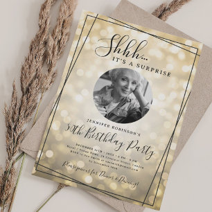 SURPRISE Photo 50th Birthday Gold Sparkle Bokeh Invitation