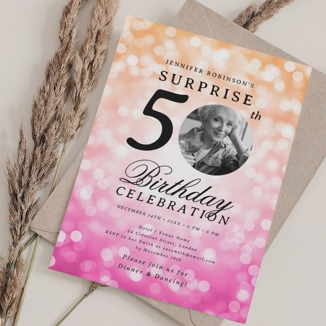 SURPRISE Photo 50th Birthday Orange Pink Bokeh Invitation (SURPRISE Photo 50th Birthday Orange Pink Bokeh Invitation)