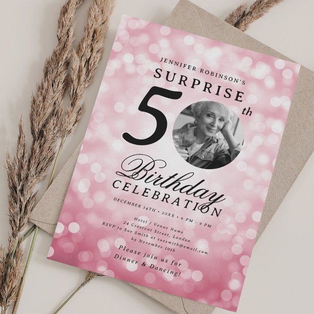 SURPRISE Photo 50th Birthday Party Blush Bokeh Invitation (SURPRISE Photo 50th Birthday Party Blush Bokeh Invitation)