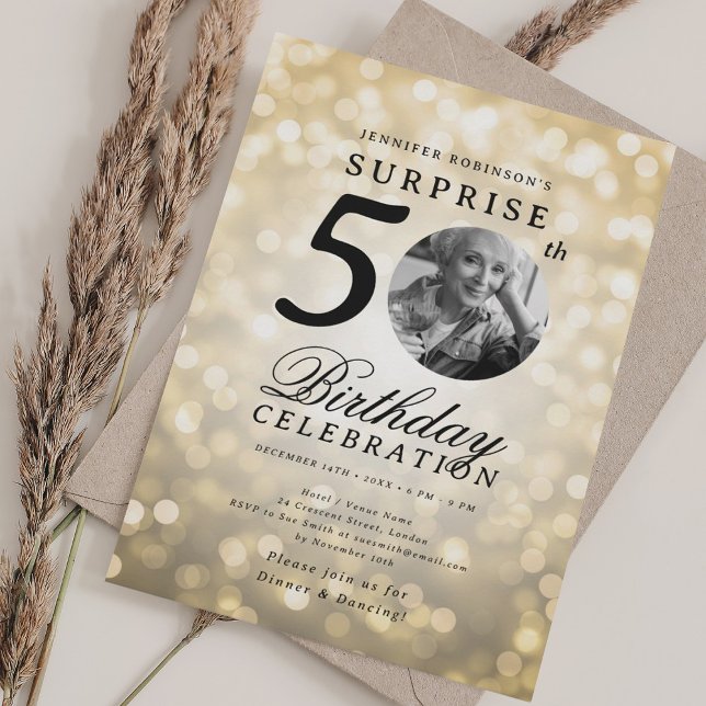 SURPRISE Photo 50th Birthday Party Gold Bokeh Invitation (SURPRISE Photo 50th Birthday Party Gold Bokeh Invitation)
