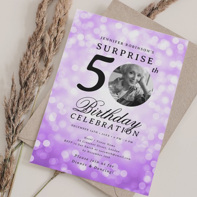 SURPRISE Photo 50th Birthday Party Purple Bokeh Invitation (SURPRISE Photo 50th Birthday Party Purple Bokeh Invitation)