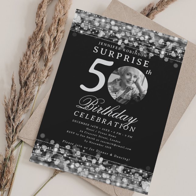 SURPRISE Photo 50th Birthday Party Silver Lights Invitation (SURPRISE Photo 50th Birthday Party Silver Lights Invitation)
