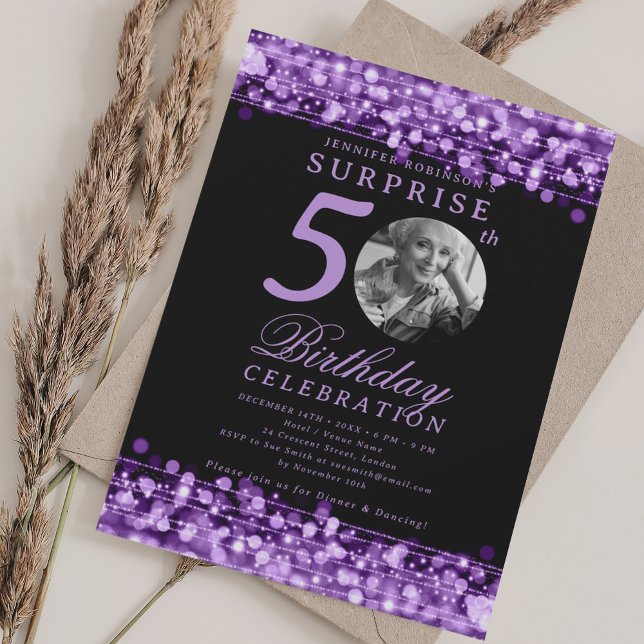 SURPRISE Photo 50th Birthday Purple Lights Invitation (SURPRISE Photo 50th Birthday Purple Lights Invitation)