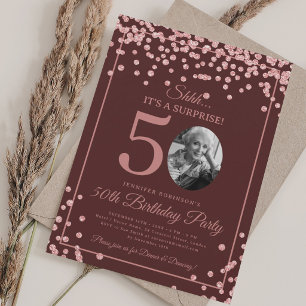 SURPRISE Photo 50th Birthday Rose Gold Burgundy Invitation