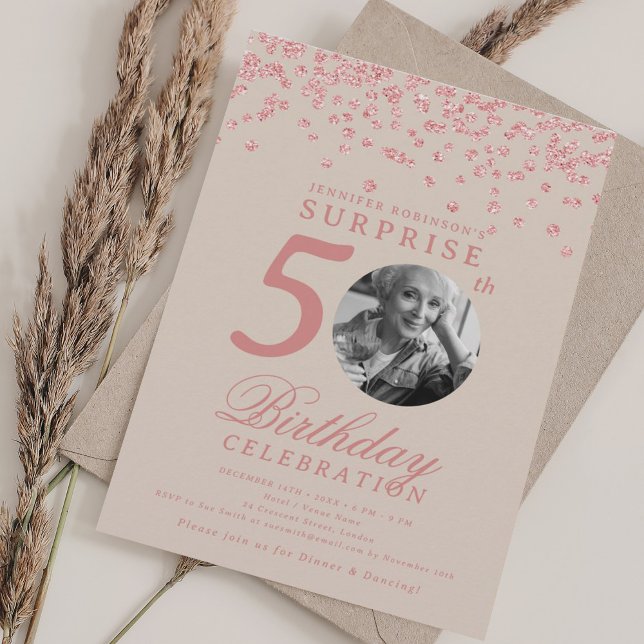 SURPRISE Photo 50th Birthday Rose Gold Champagne  Invitation (SURPRISE Photo 50th Birthday Rose Gold Champagne Invitation)
