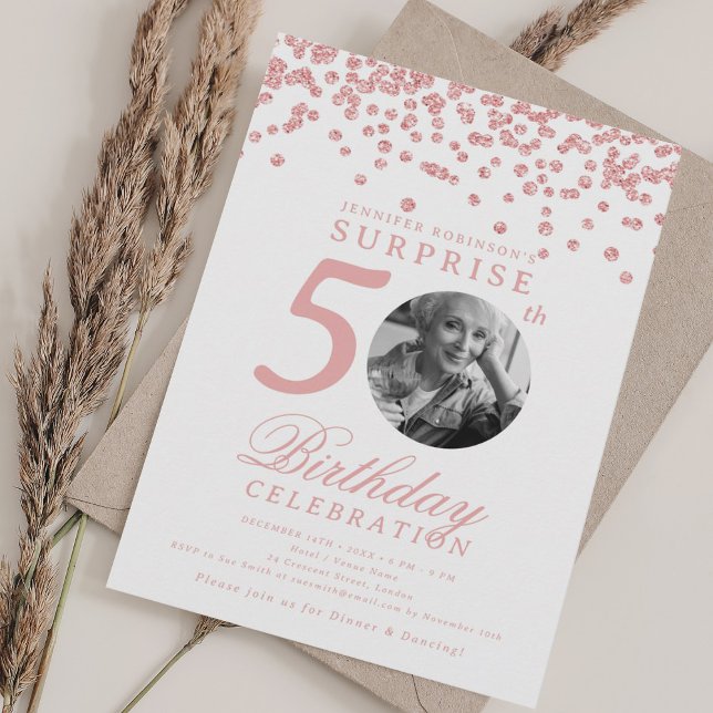SURPRISE Photo 50th Birthday Rose Gold Confetti Invitation (SURPRISE Photo 50th Birthday Rose Gold Confetti Invitation)