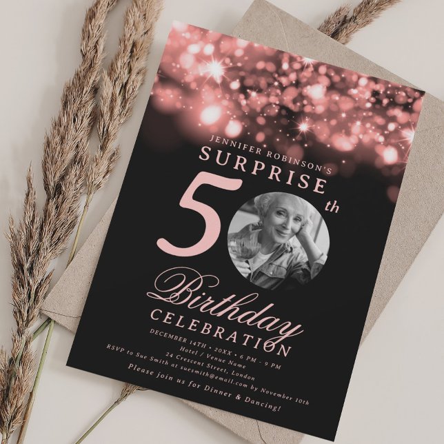 SURPRISE Photo 50th Birthday Rose Gold Midnight  Invitation (SURPRISE Photo 50th Birthday Rose Gold Midnight Invitation)