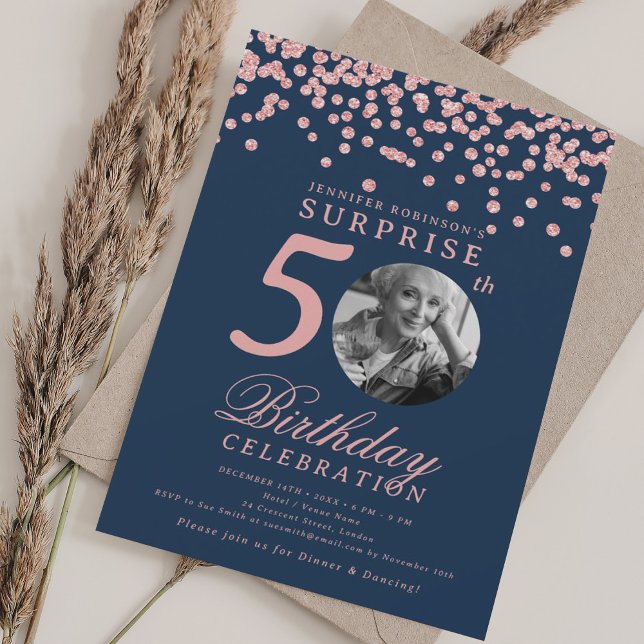 SURPRISE Photo 50th Birthday Rose Gold Navy Blue  Invitation (Creator Uploaded)