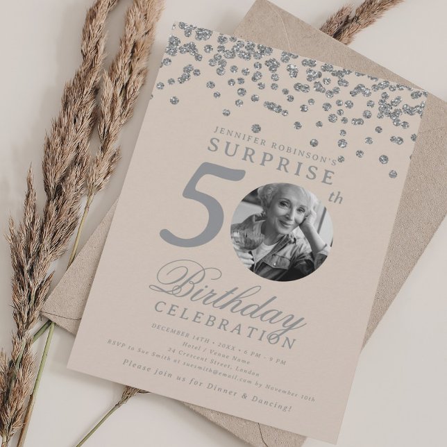 SURPRISE Photo 50th Birthday Silver Champagne Invitation (SURPRISE Photo 50th Birthday Silver Champagne Invitation)
